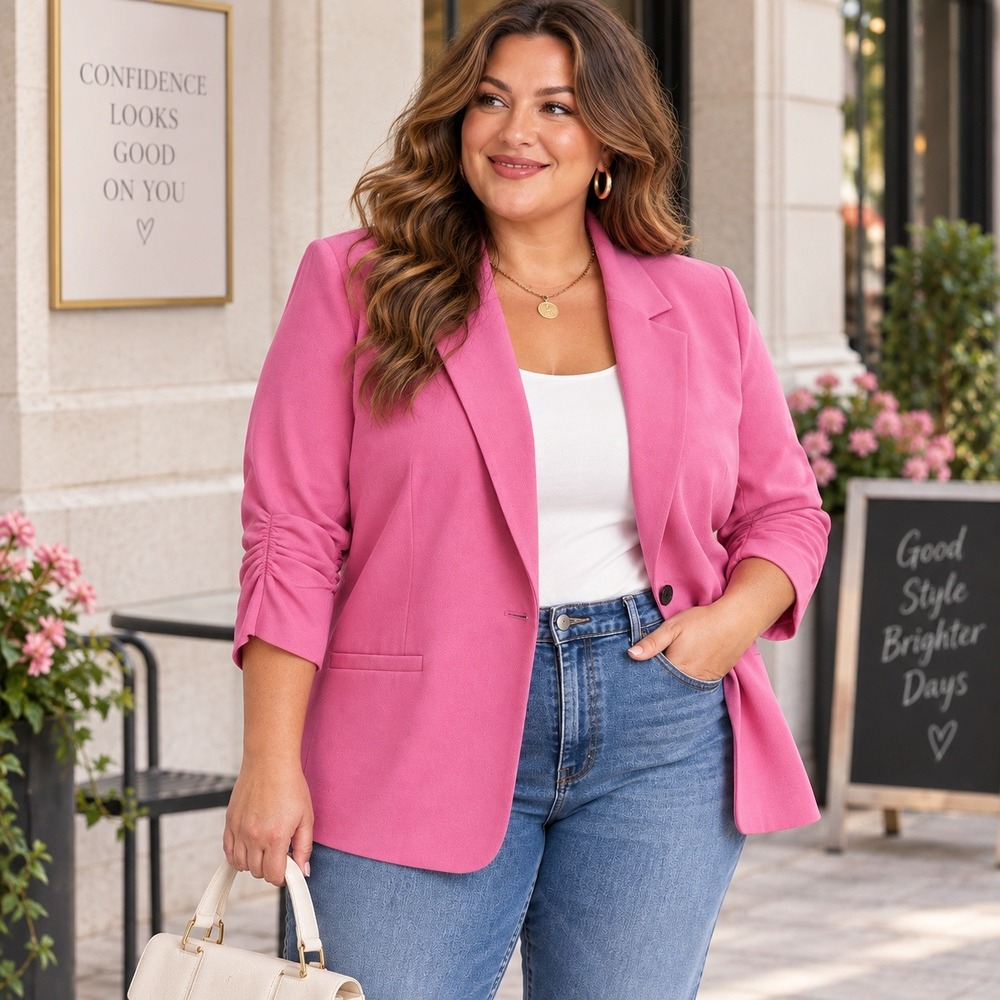 CeCe Ruched Sleeve Blazer Women Plus Size 2X Pink One Button Professional Barbie